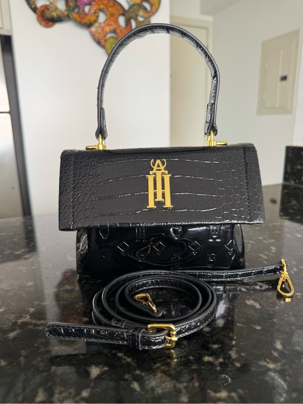 Athena (Black Owned) Black Croc-Embossed Top Handle Mini Bag with Gold Hardware